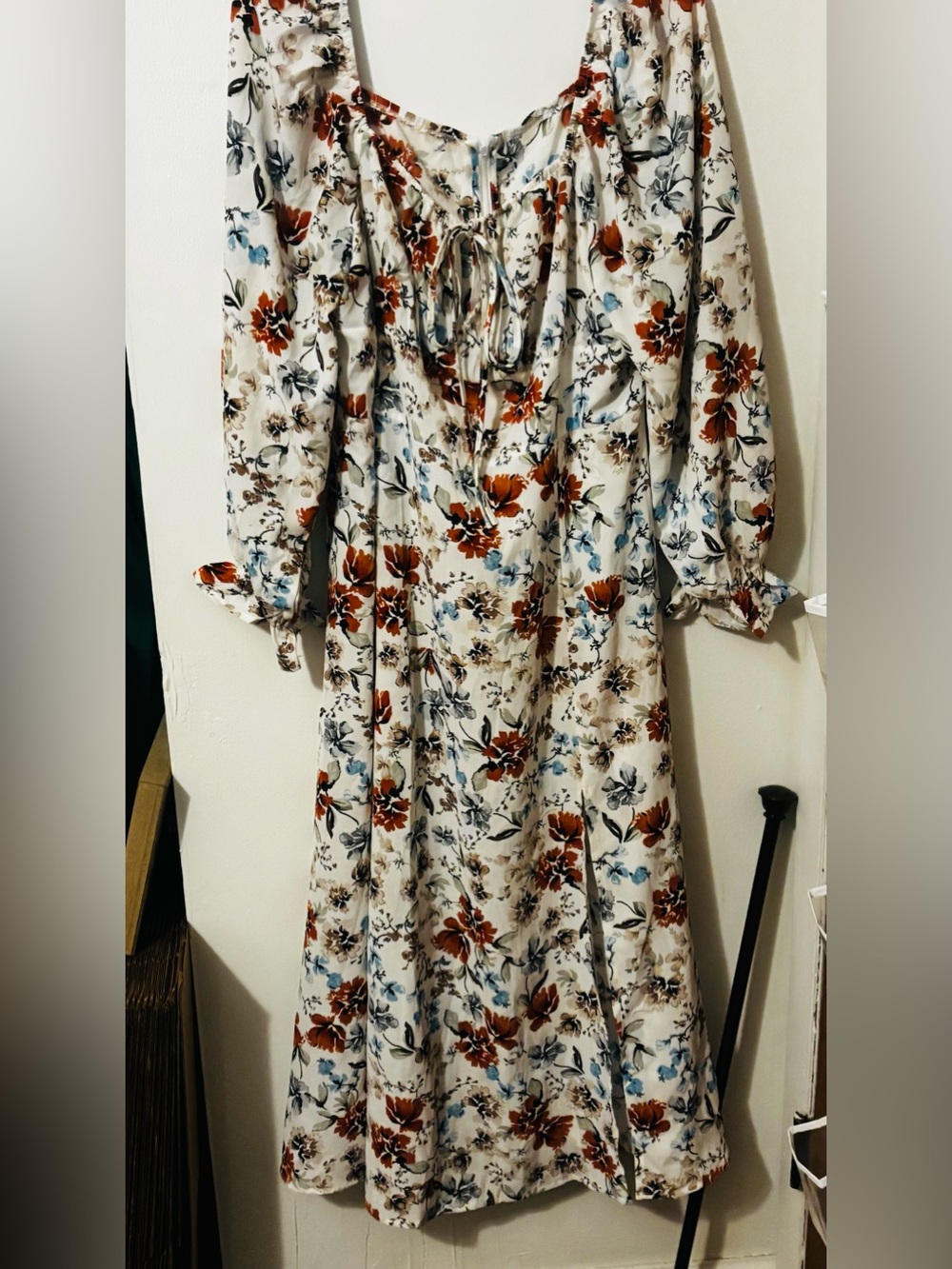 Floral Peasant Midi Dress - Cream with Rust & Blue Floral
